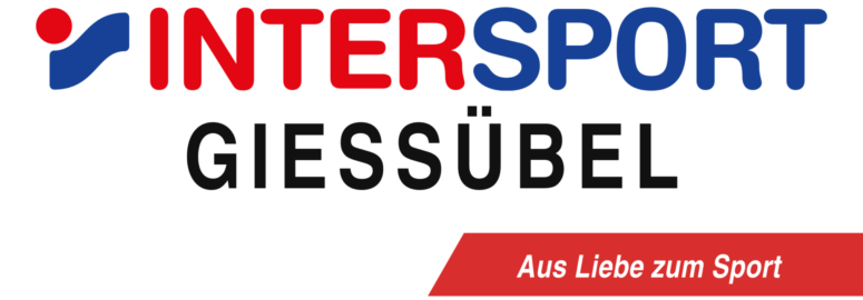 Das INTERSPORT GIESSÜBEL-Logo mit blauem und rotem Schriftzug. Auf einem roten Banner unten rechts steht „Aus Liebe zum Sport“.