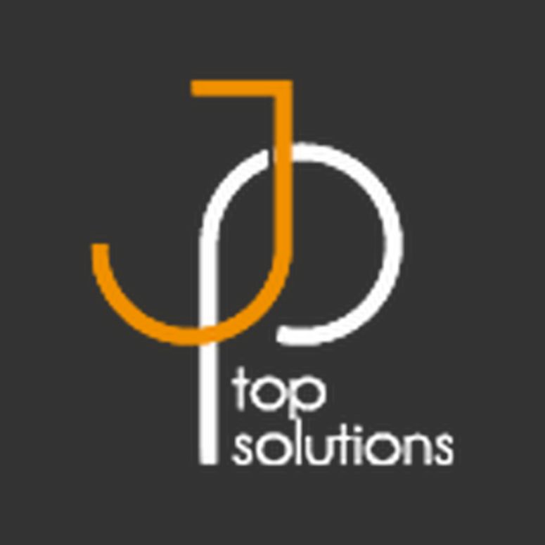 Logo mit stilisierten orangefarbenen und weißen Buchstaben, die „JP“ bilden, über dem Schriftzug „top solutions“ auf dunklem Hintergrund.