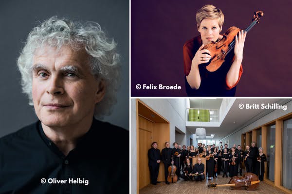 Eine Collage zeigt einen älteren Mann mit grauen Locken, eine Frau, die eine Geige in der Hand hält, und eine Gruppe von Musikern mit Instrumenten in einem modernen Flur. Auf jedem Bild sind die Bildnachweise zu sehen.
