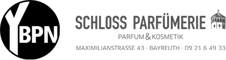 Logo mit der Aufschrift „YBPN“ in einem schwarzen Kreis, daneben „SCHLOSS PARFÜMERIE“ und „PARFUM & KOSMETIK“, Adresse, Telefonnummer und rechts ein kleines Bild eines Turms.