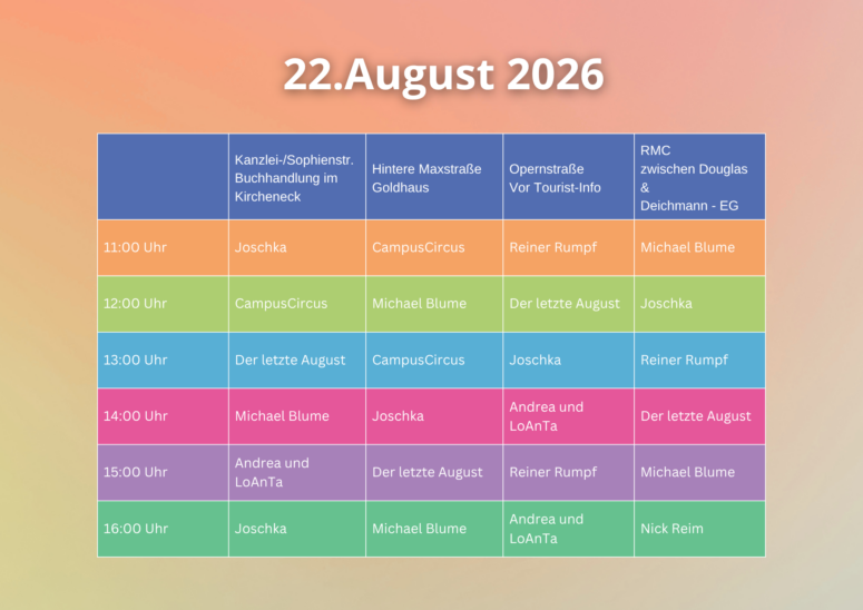 Ein farbenfroher Veranstaltungskalender für den 22. August 2026 zeigt Veranstaltungen – darunter spannende Kleinkunstvorstellungen – mit unterschiedlichen Namen und Zeiten von 11:00 bis 17:00 Uhr an fünf Veranstaltungsorten, angeordnet in einer Tabelle mit pastellfarbenen Zeilen und Spalten.