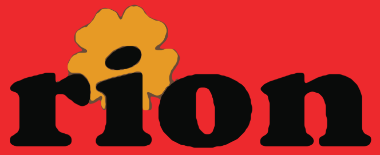 Das Wort „rion“ in fetten schwarzen Buchstaben auf rotem Hintergrund, wobei der Punkt über dem Buchstaben „i“ durch eine gelbe Blume ersetzt ist.