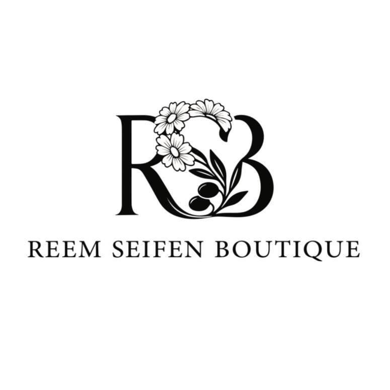 Logo für die „Reem Seifen Boutique“ mit den Initialen „RB“, in die florale Elemente integriert sind, über dem vollständigen Namen der Boutique in Großbuchstaben auf weißem Hintergrund.