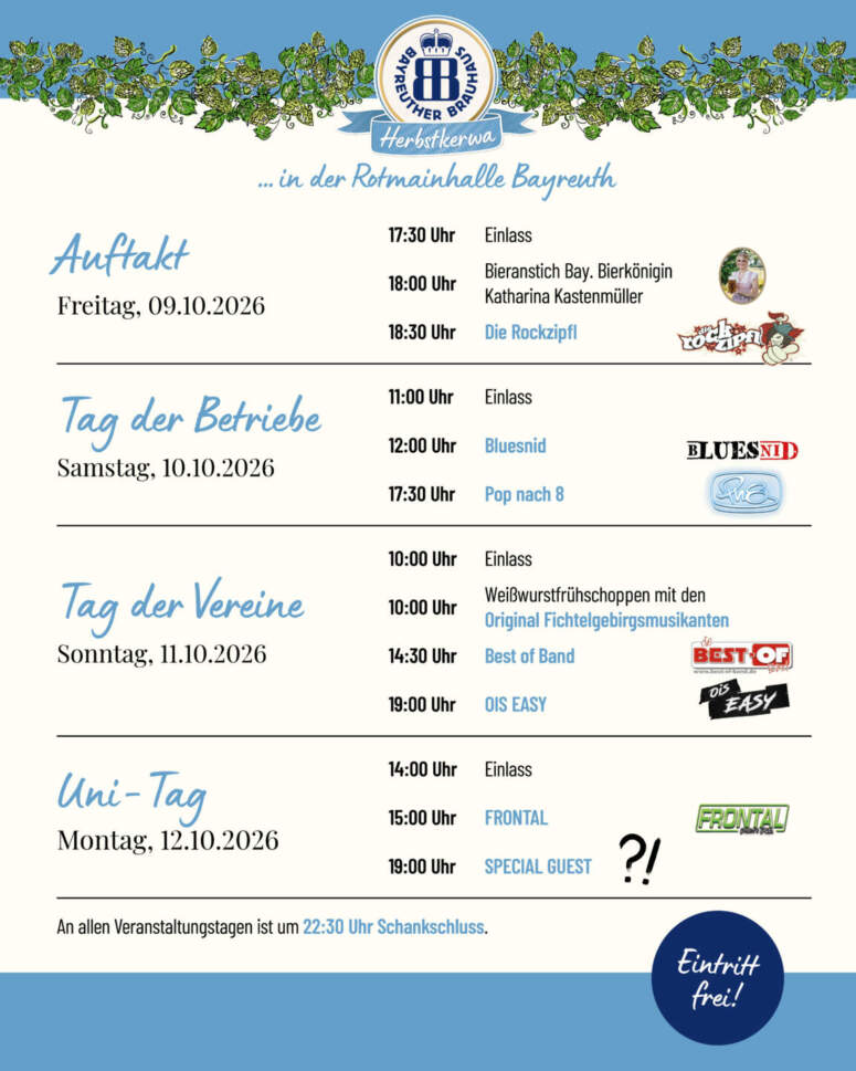 Veranstaltungsplakat für ein Festival in Bayreuth mit Angaben zu den Spielplänen, Bands und Aktivitäten vom 9. bis 12. Oktober 2026, einschließlich Thementagen, Musikacts, Sponsoren und dem Hinweis auf freien Eintritt am unteren Rand.