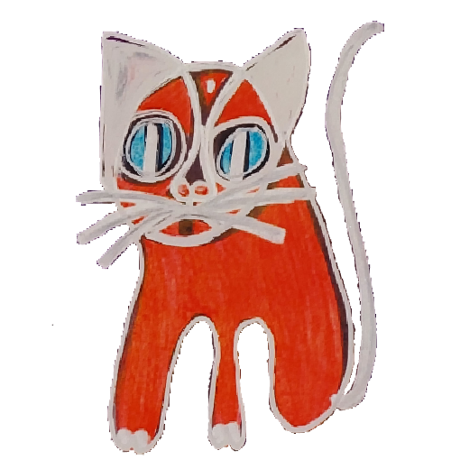 Farbenfrohe Zeichnung einer Katze mit großen blauen Augen, rotem Körper, Pfoten mit weißen Spitzen sowie weißem Gesicht, weißem Schwanz und weißen Schnurrhaaren, inspiriert vom verspielten Geist der TOGGO-Tour und vor einem einfarbigen Hintergrund.