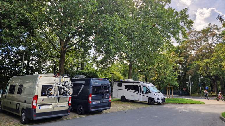 Drei Wohnmobile stehen auf einem von Bäumen gesäumten Stellplatz und zeigen, wie gepflegt die Wohnmobilstellplätze sind. Am hinteren Teil des linken Wohnmobils sind zwei Fahrräder befestigt. Die Szene ist hell, und im Hintergrund sind grüne Blätter sowie ein teilweise bewölkter Himmel zu sehen.