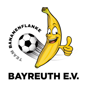 Eine lächelnde Comic-Banane zeigt den Daumen nach oben, während ein Fußball vorbeifliegt – ein Bild, das die verspielte Stimmung der TOGGO-Tour perfekt einfängt. Um den Bildausschnitt herum steht der Schriftzug „TEAM BANANENFLANKE“, darunter in Fettdruck „BAYREUTH E.V.“.