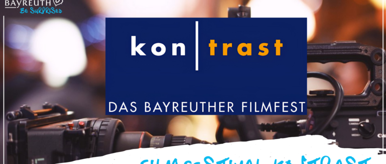 Logo für das Bayreuther Filmfestival kontrast mit einer professionellen Filmkamera im Hintergrund.