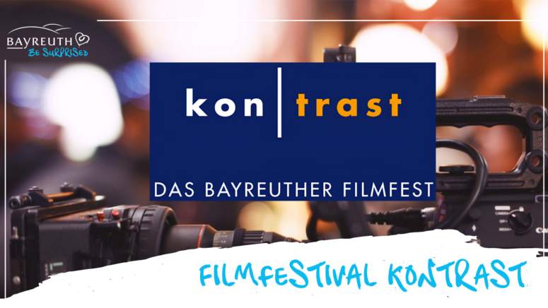 Logo für das Bayreuther Filmfestival kontrast mit einer professionellen Filmkamera im Hintergrund.