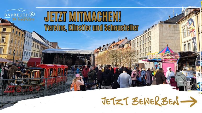 Ein belebter Stadtplatz während des Faschings mit einer Bühne, einer kleinen roten Bahn und Imbissständen, mit einem Einblendungstext auf Deutsch, der Vereine, Künstler und Showmen zur Teilnahme und zur Bewerbung einlädt.