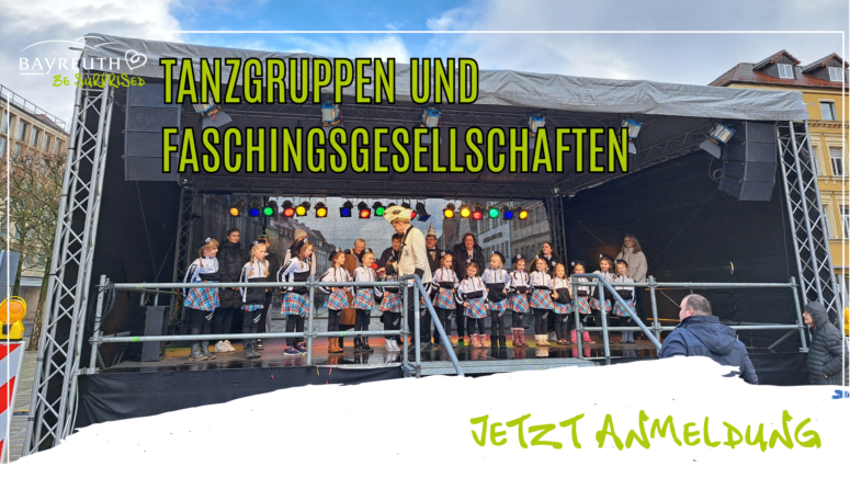 Kinder in einheitlichen Tanzoutfits von örtlichen Vereinen treten auf einer Freiluftbühne bei einem Faschingsumzug auf; darunter steht der Text Tanzgruppen und Faschingsgesellschaften sowie Jetzt Anmeldung.