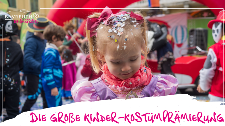 Ein junges Mädchen in einem Prinzessinnenkostüm, das mit Konfetti übersät ist, für das Bühnenprogramm Fasching 2027, mit der Aufschrift Die große Kinder-Kostümprämierung am unteren Rand.