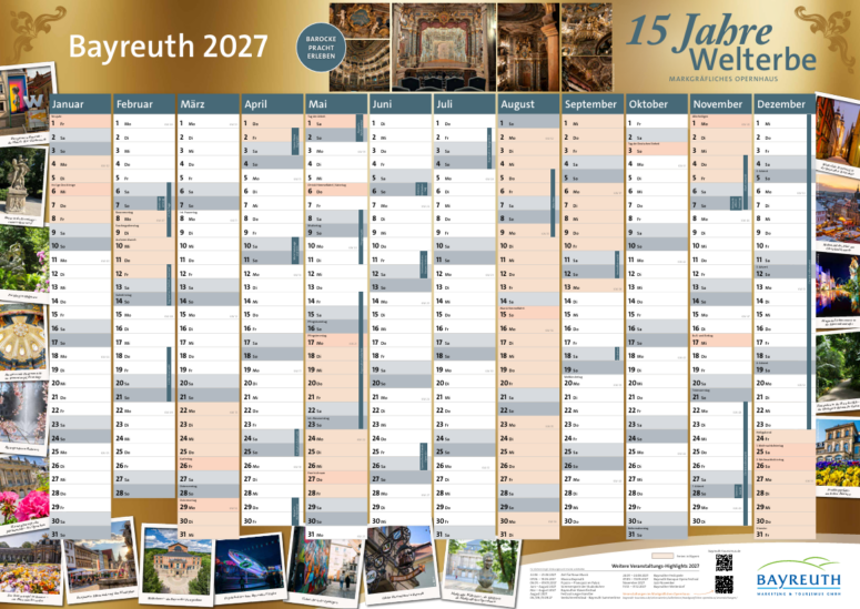Kalender für das Jahr 2027 mit Downloads aus Bayreuth und dem Markgrafischen Opernhaus unter dem Titel 15 Jahre Welterbe.